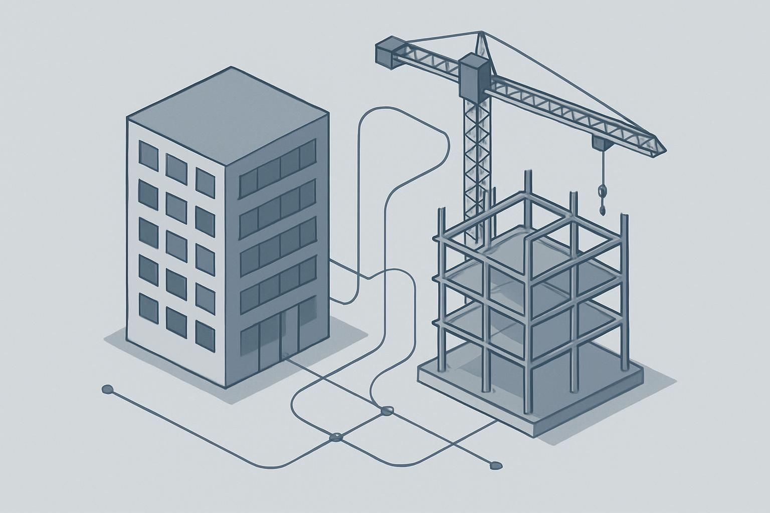 Illustration isométrique d un bâtiment existant et d un bâtiment neuf en construction reliés par un câblage technique stylisé